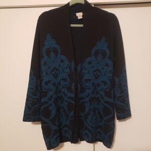 Chico's Scroll Print Sweater Cardigan Womens L 2 Black Teal Blue Longline Tunic